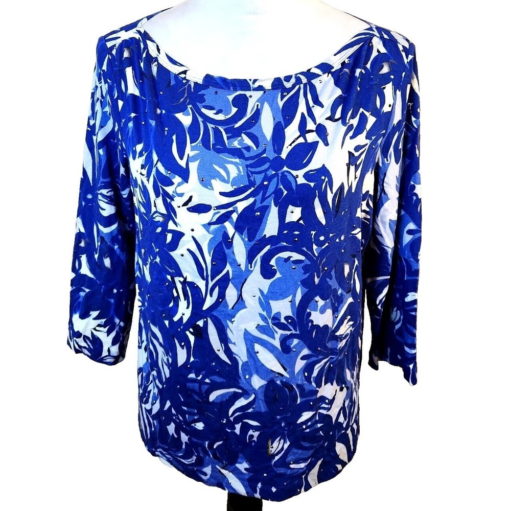 St. John Womens Knit Top Sz Small Blue & Cream Tropical Print Shirt $495 NWT NEW